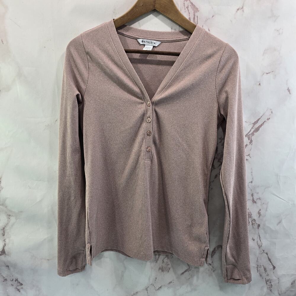 Athleta Shirt Womens Small Pink Uptempo Ribbed Henley V Long Light Pale